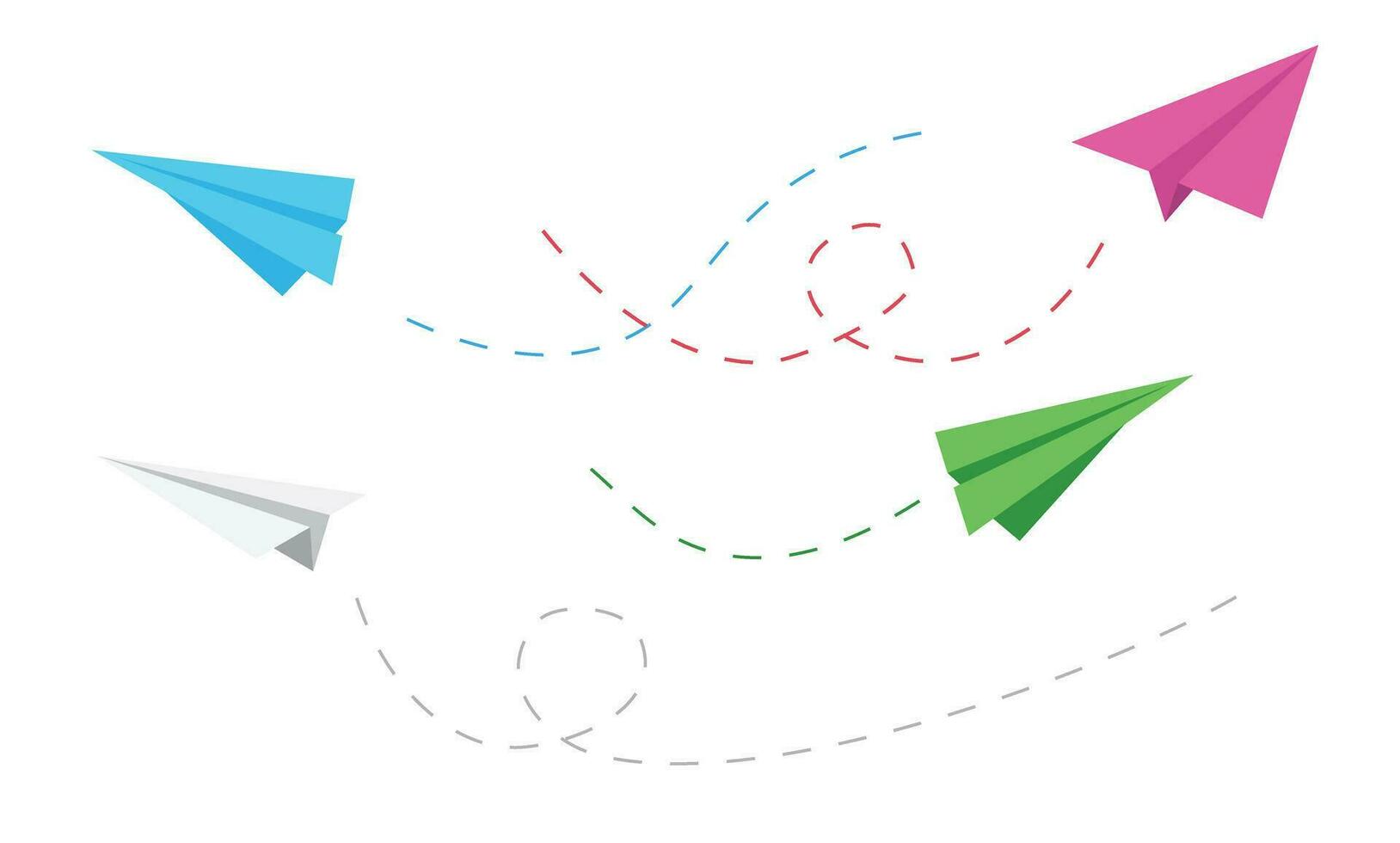 papel avión vector ilustración conjunto en azul, rosa, blanco, verde. hecho a mano origami avión. plano vector en dibujos animados estilo aislado.