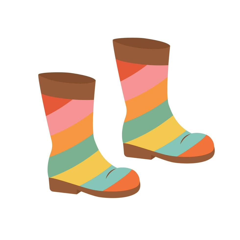 Rainbow rubber boots. Bright autumn protection boots from rain. Vector flat cartoon icon.