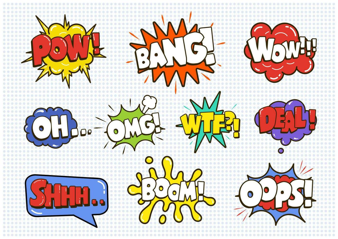 Comic sound speech effect bubbles set isolated on white background vector illustration. Wow,pow,bang,oh,omg,wtf,deal,shhh,boom,oops lettering.