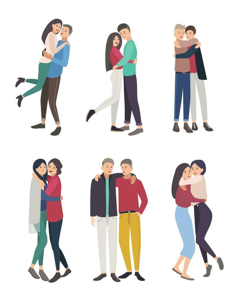 happy friends hug set. guys and girls cuddling, colorful flat illustration. vector