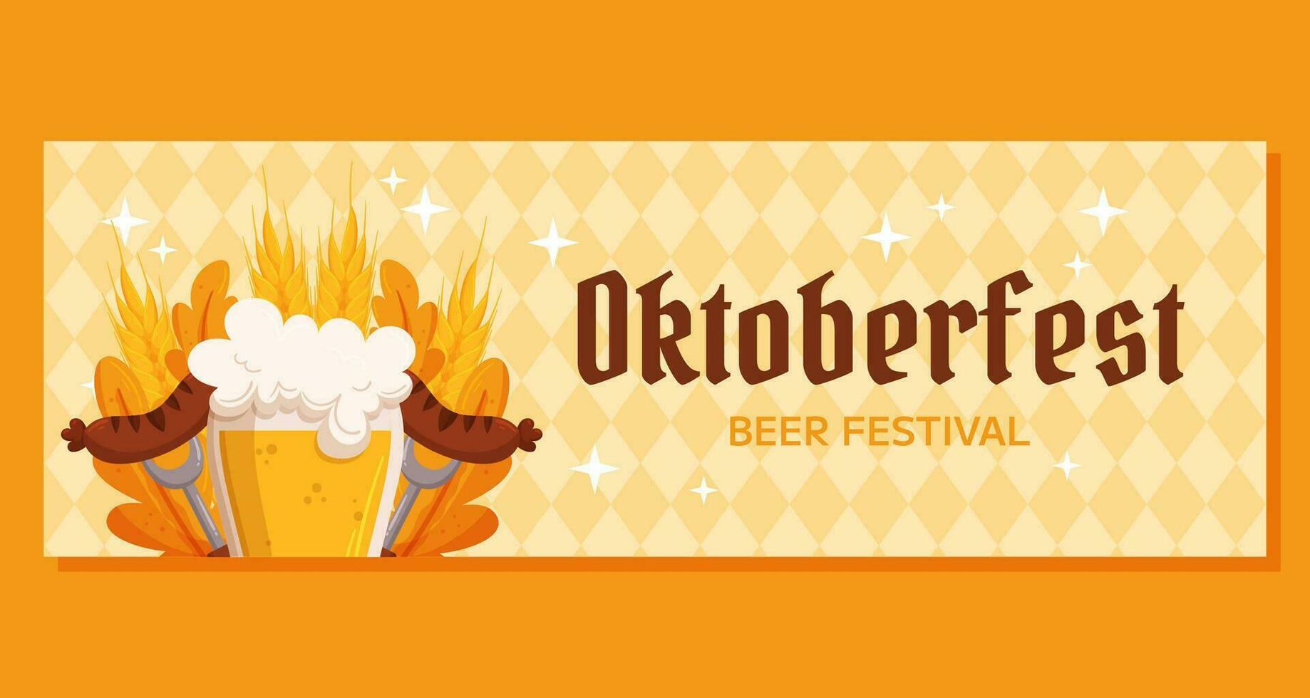 Oktoberfest alemán cerveza festival horizontal bandera modelo. diseño con vaso de cerveza, tenedores con A la parrilla embutido, trigo y hojas. ligero amarillo rombo modelo vector