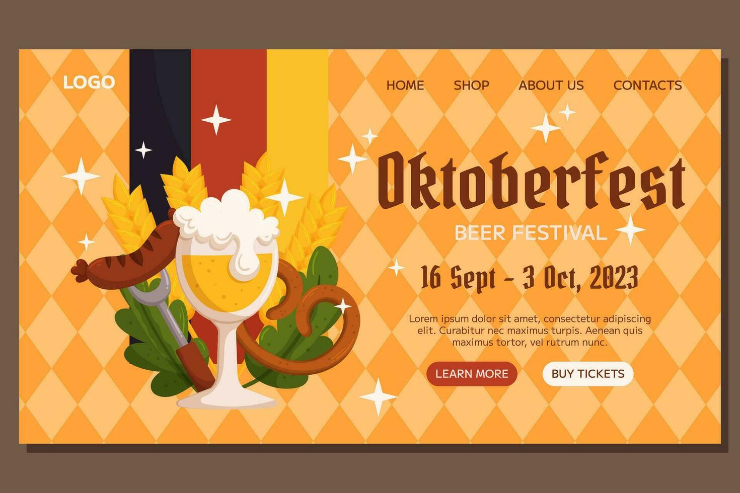 Oktoberfest German beer festival Landing template design. Design with glass of beer, fork with grilled sausage, pretzel, wheat and leaves, Germany color flag. Light orange rhombus pattern vector