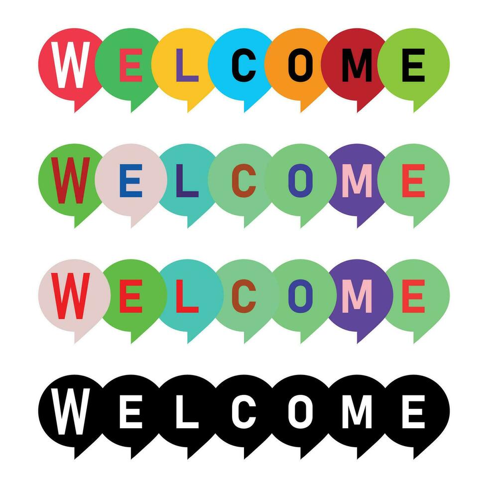 Vector colorful welcome banner with geometric composition on a white background.