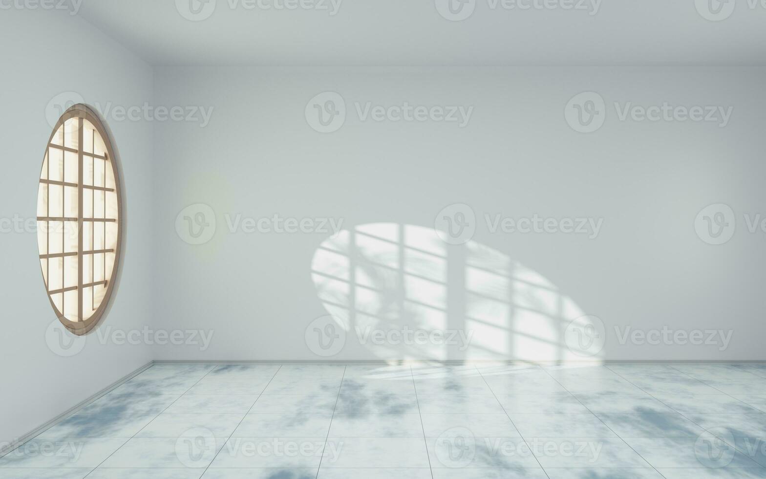 vacío habitación con redondo madera ventana, 3d representación. foto