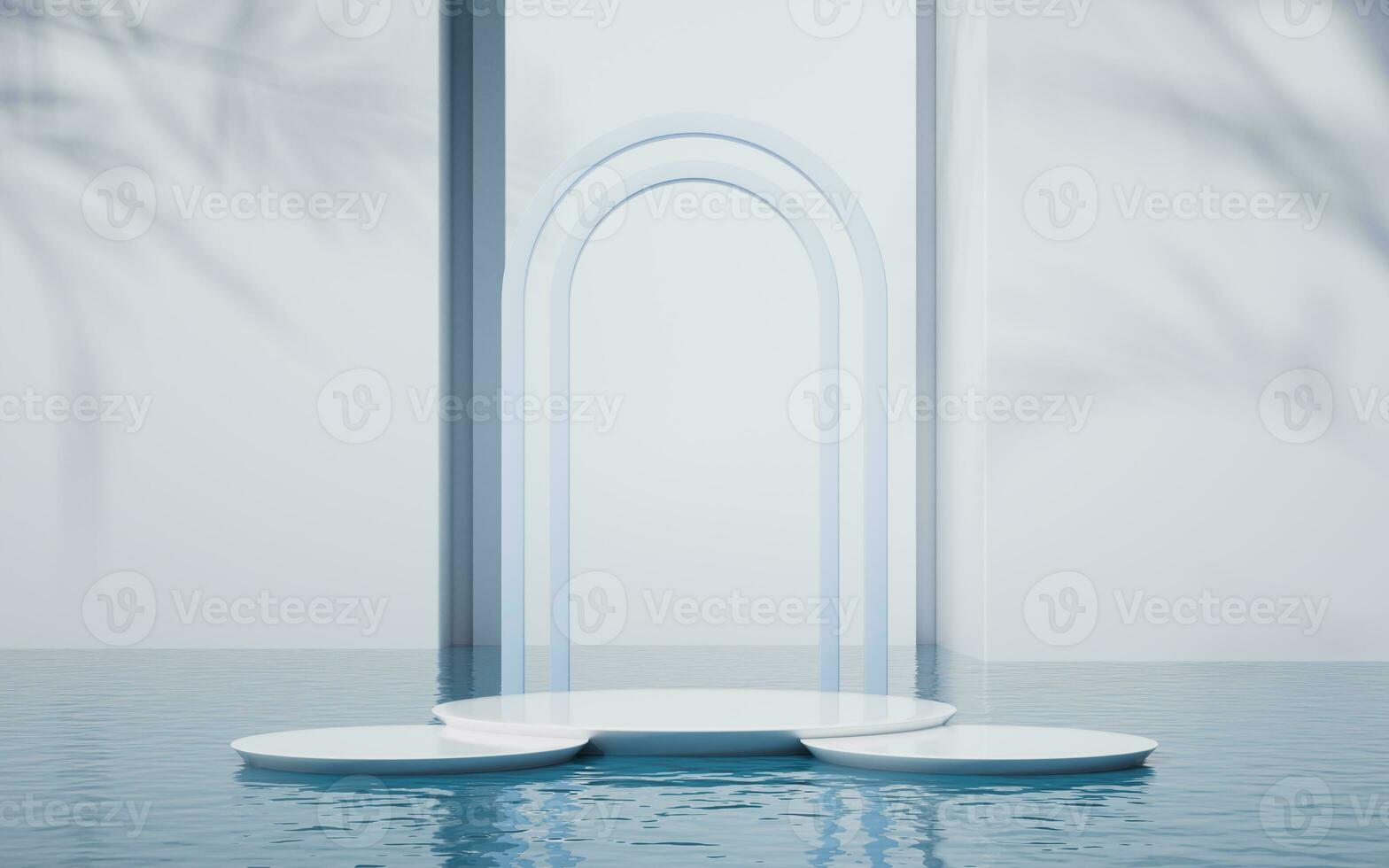 Round stage with water surface background, 3d rendering. photo