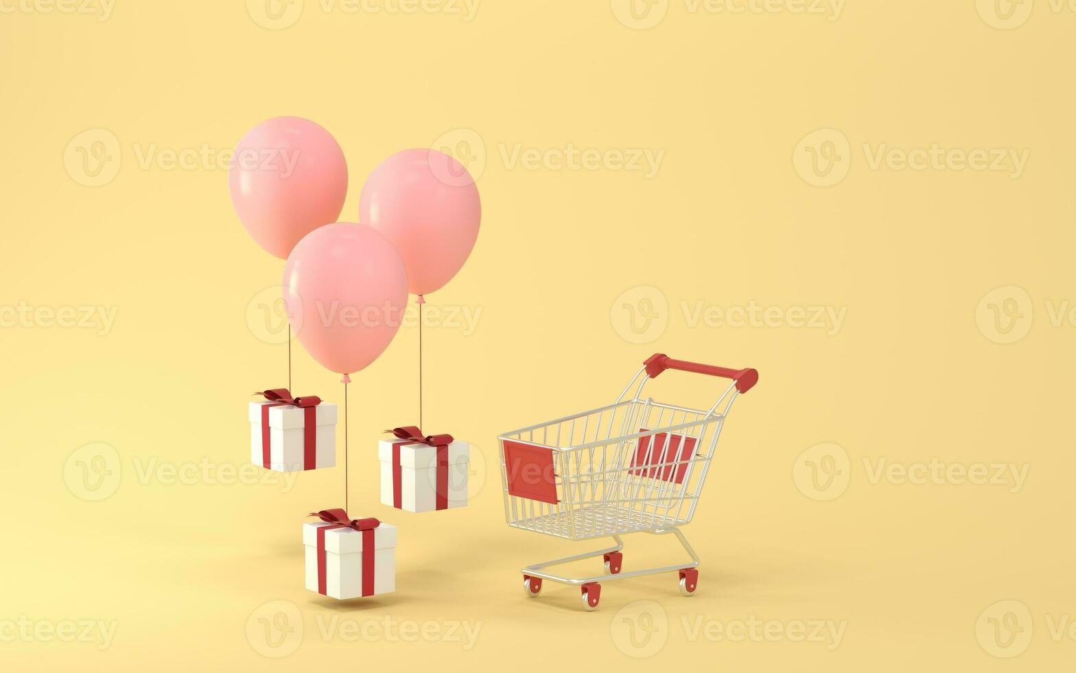 Balloons and presents with yellow background, 3d rendering. photo