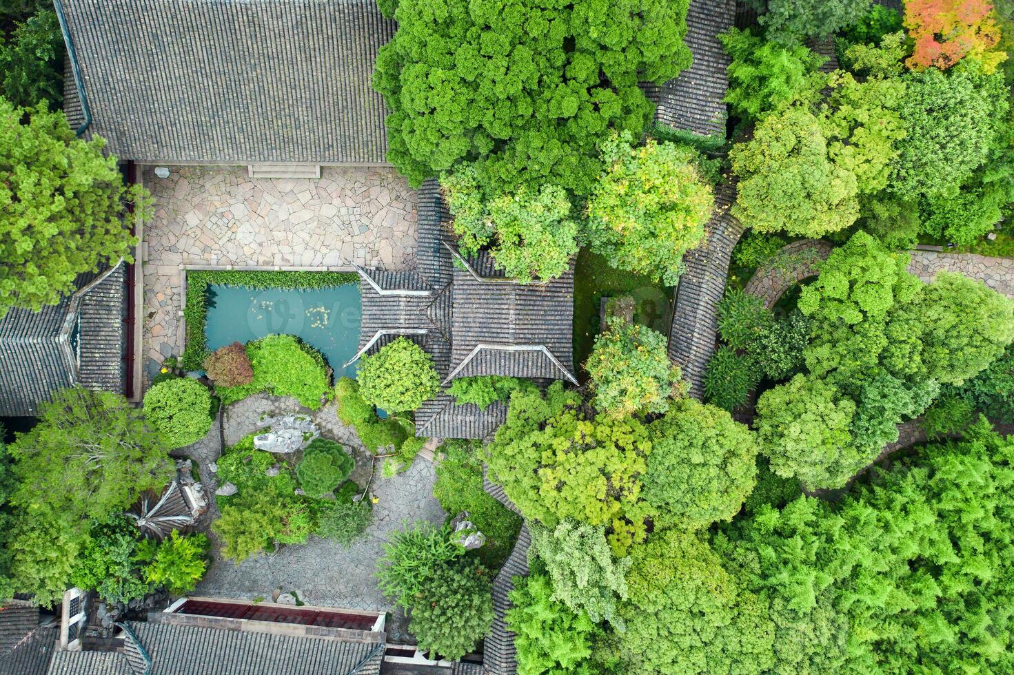 Aerial of Ancient traditional garden, Suzhou garden, in China. photo