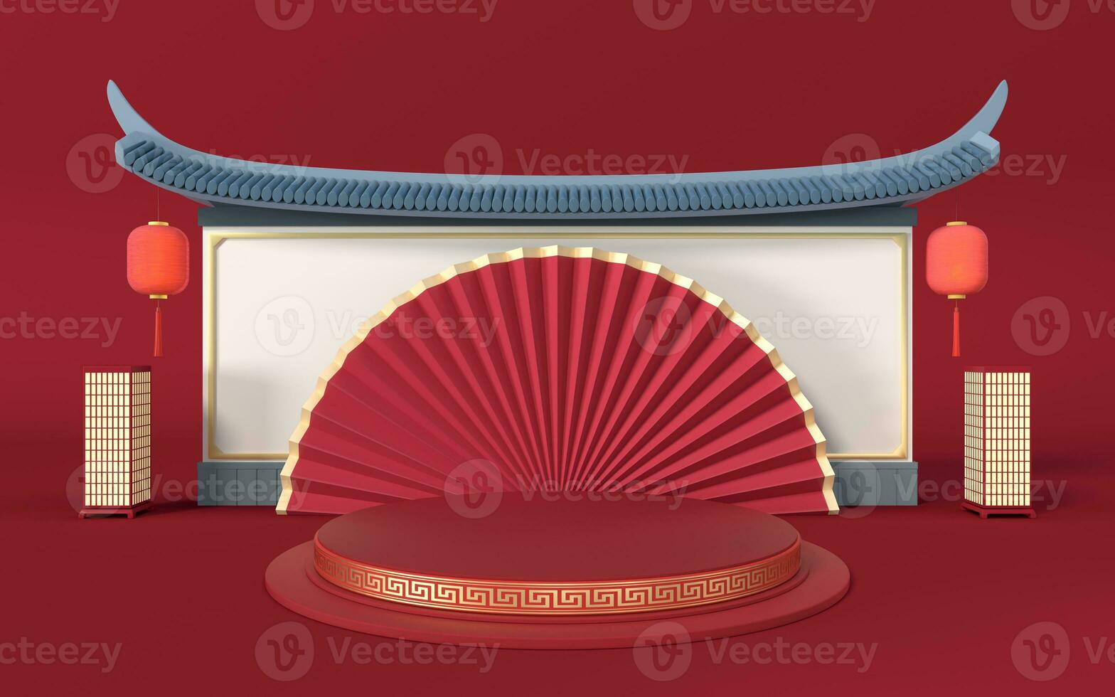Empty platform with folding fan background, Chinese retro style, 3d rendering. photo