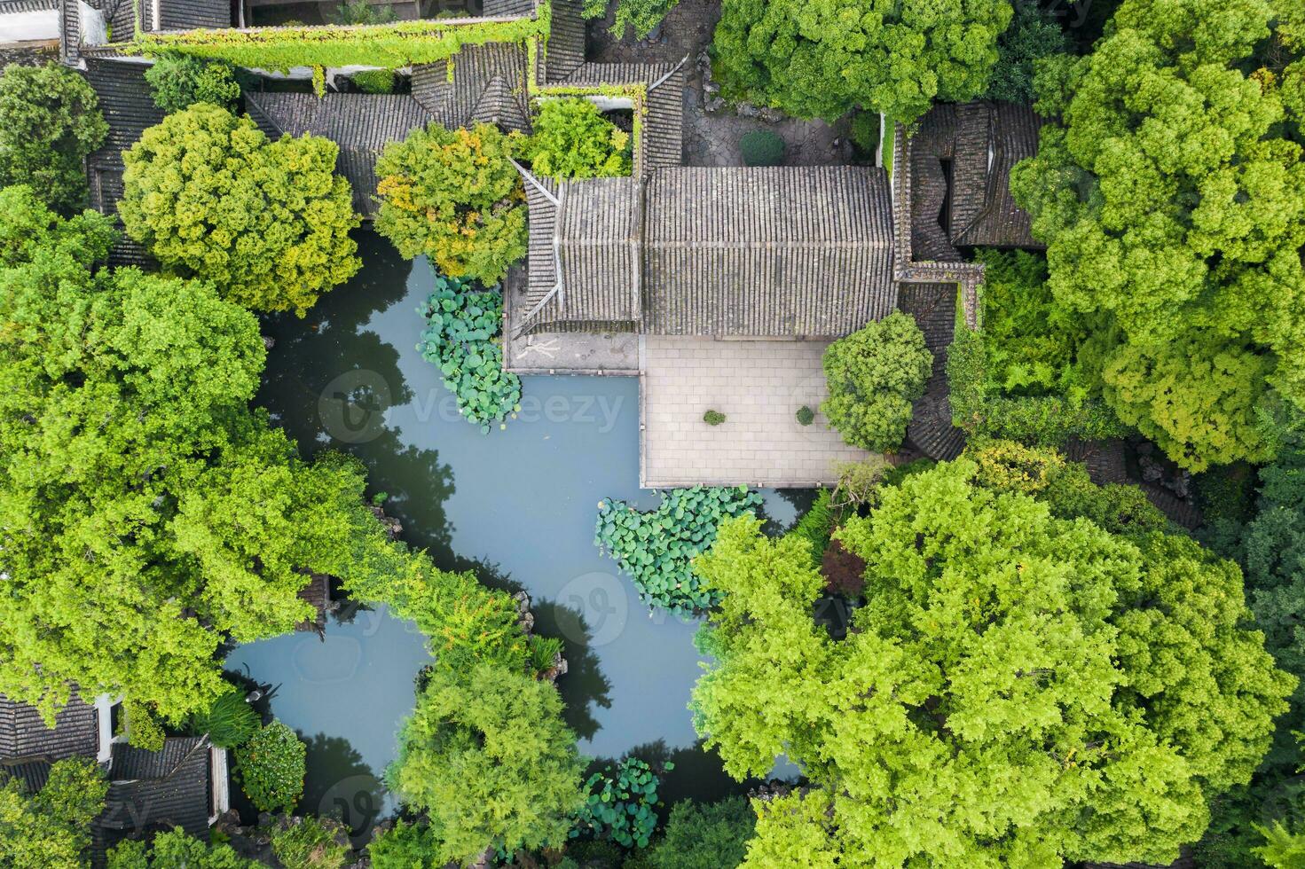 Aerial of Ancient traditional garden, Suzhou garden, in China. photo