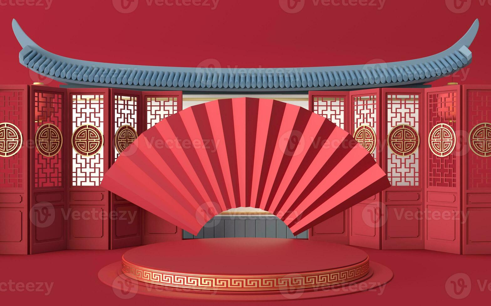 Empty platform with folding fan background, Chinese retro style, 3d rendering. photo
