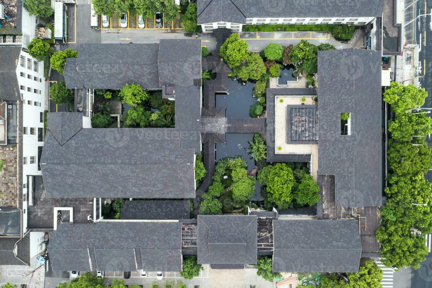 Aerial of Ancient traditional garden, Suzhou garden, in China. photo