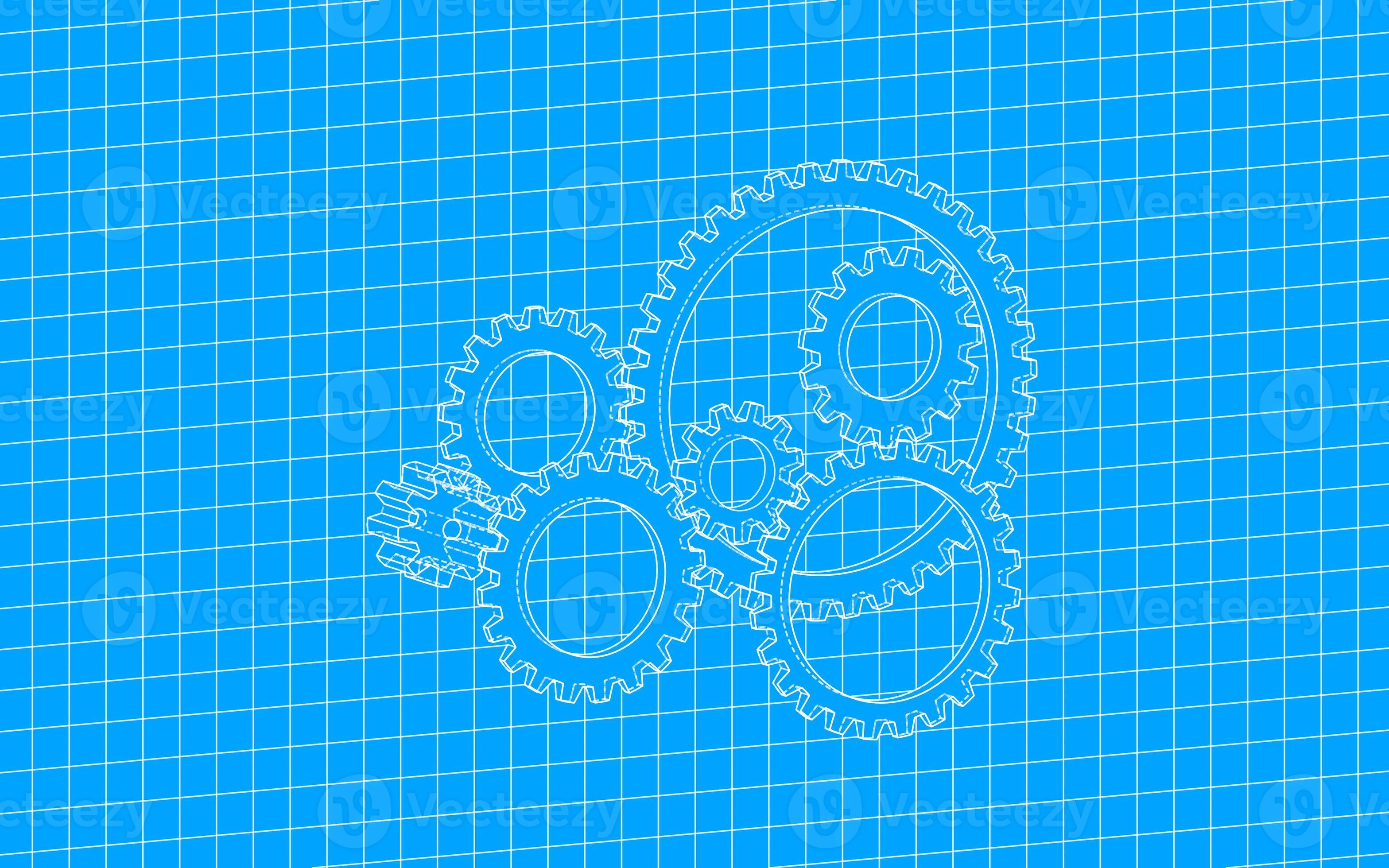 Gear design with blueprint style, grid pattern, raster illustration