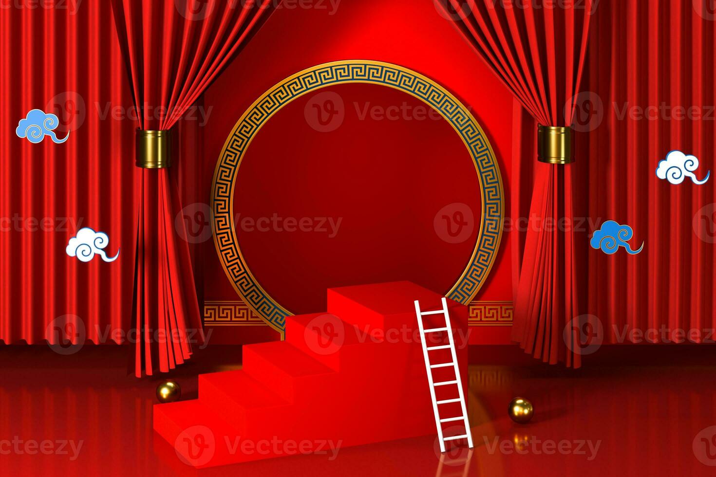 Red Chinese style background, empty step showcase, 3d rendering. photo
