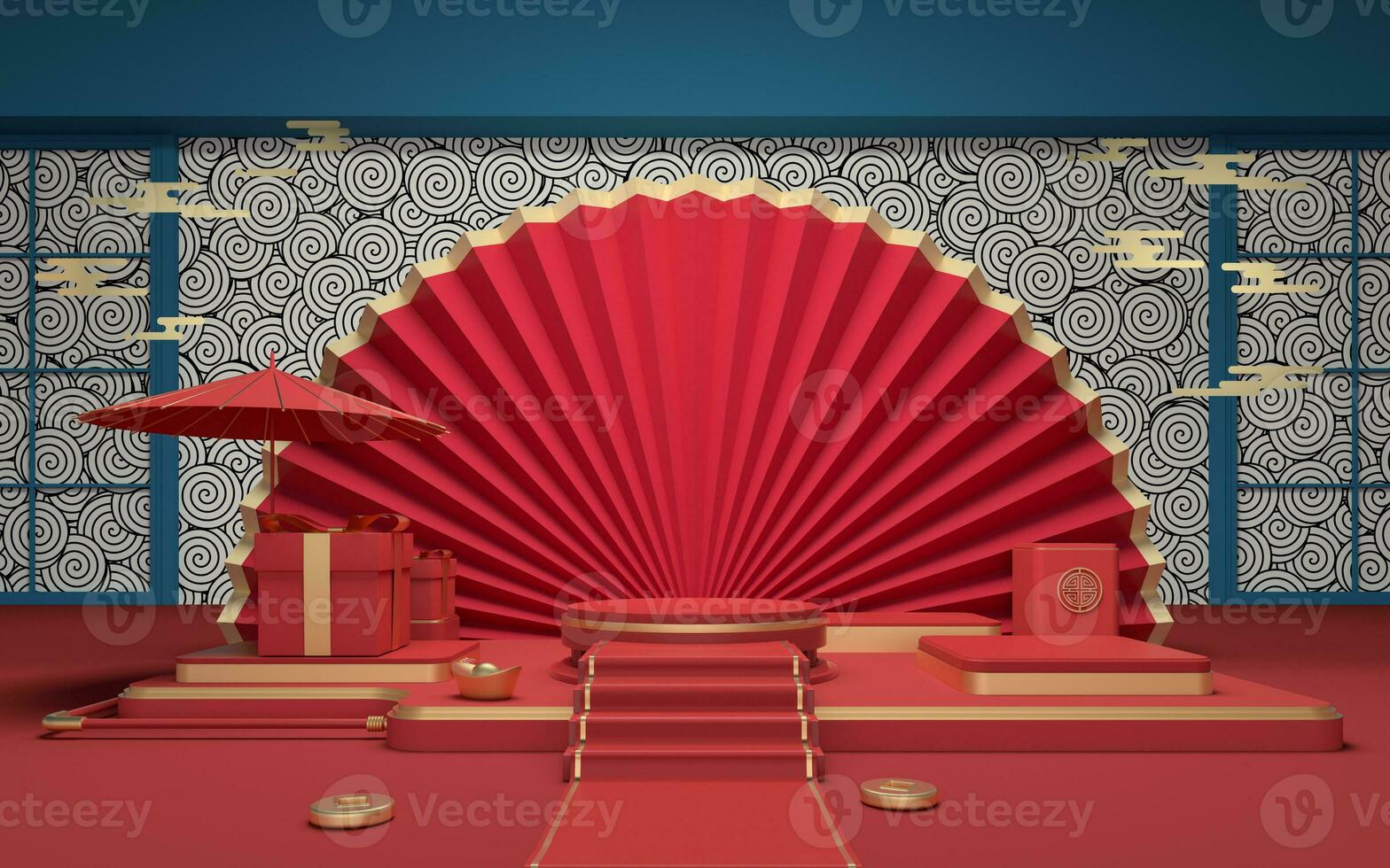 Empty room with red background, 3d rendering. photo