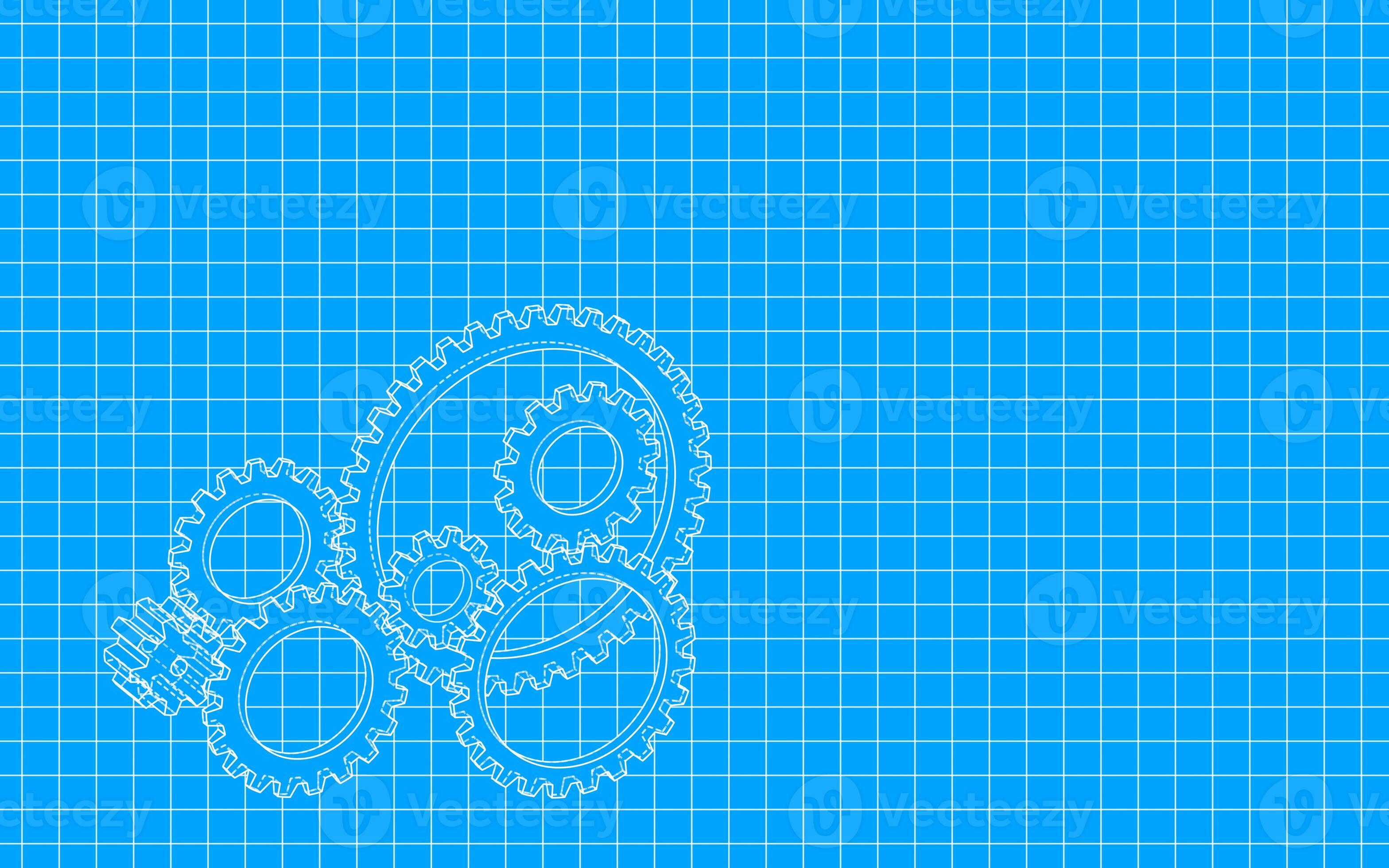Gear design with blueprint style, grid pattern, raster illustration