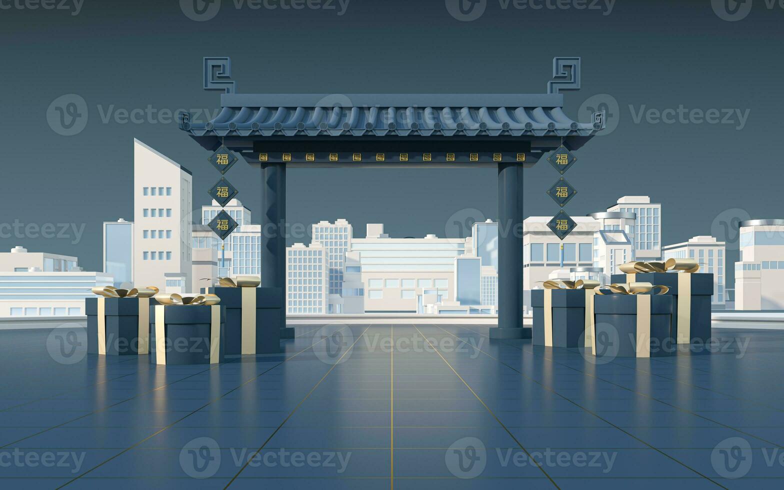 Chinese gate with white model town, translate blessing, 3d rendering. photo