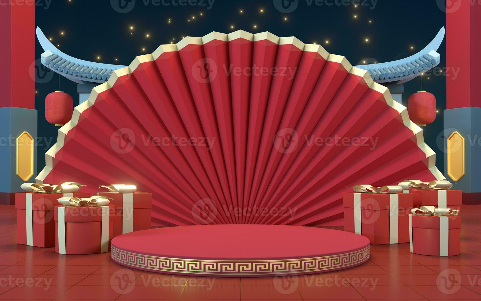 Empty product stage with red background, 3d rendering. photo