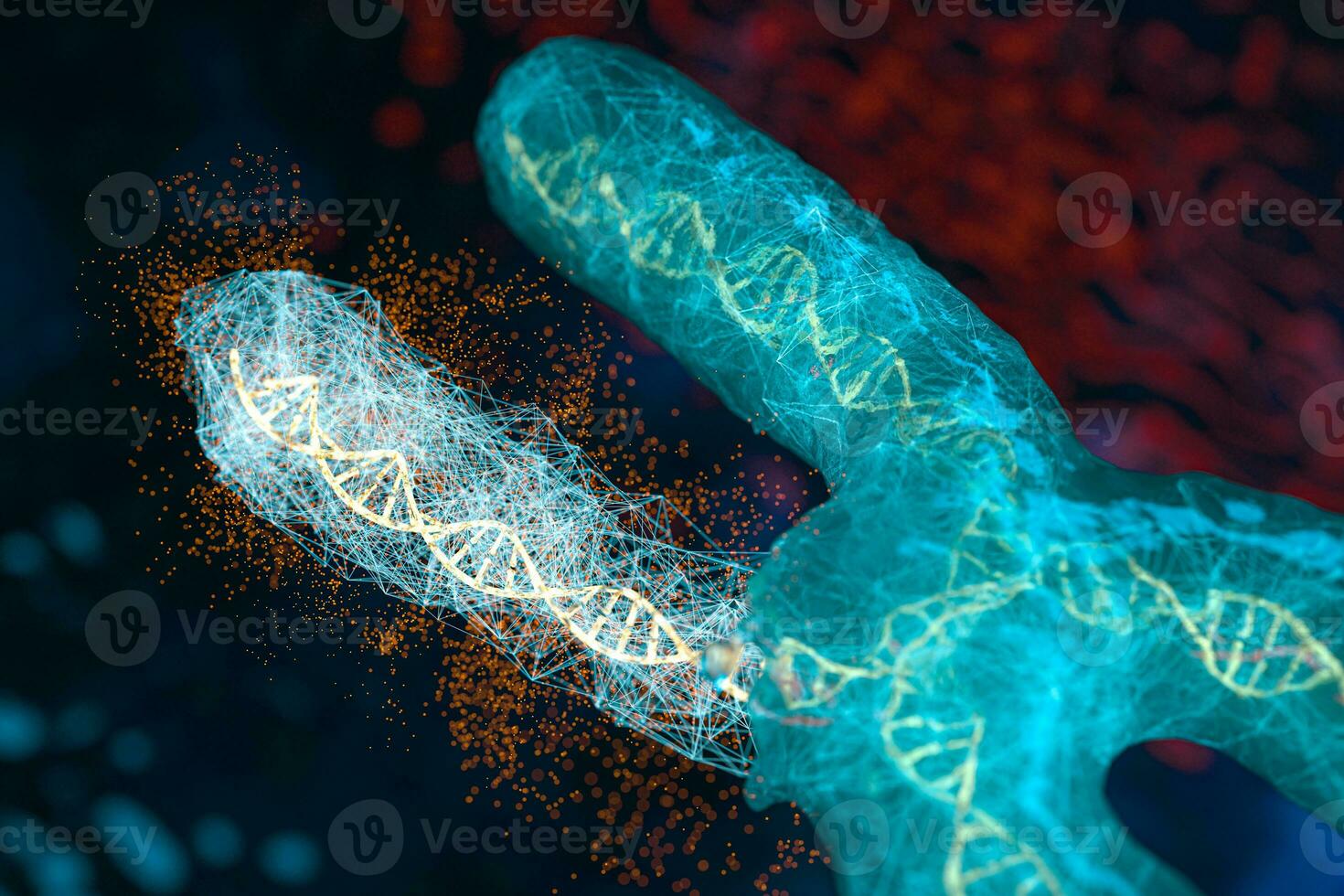 Mutation of chromosome with dark background, 3d rendering. photo