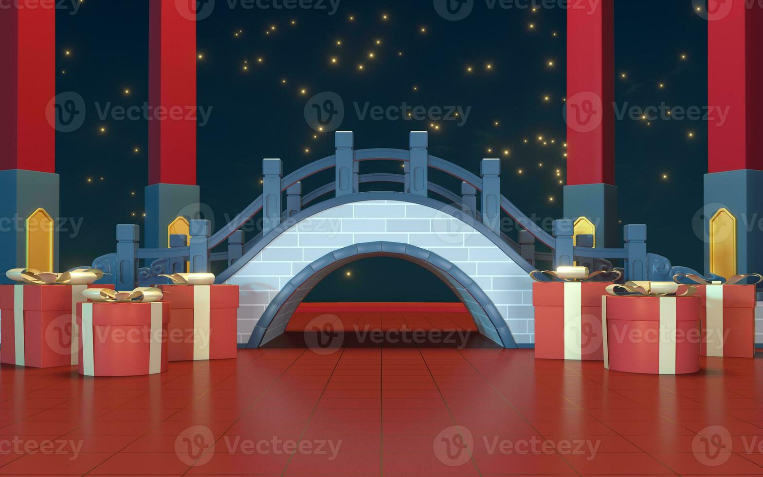 Chinese style bridge with starry stars background, 3d rendering. photo