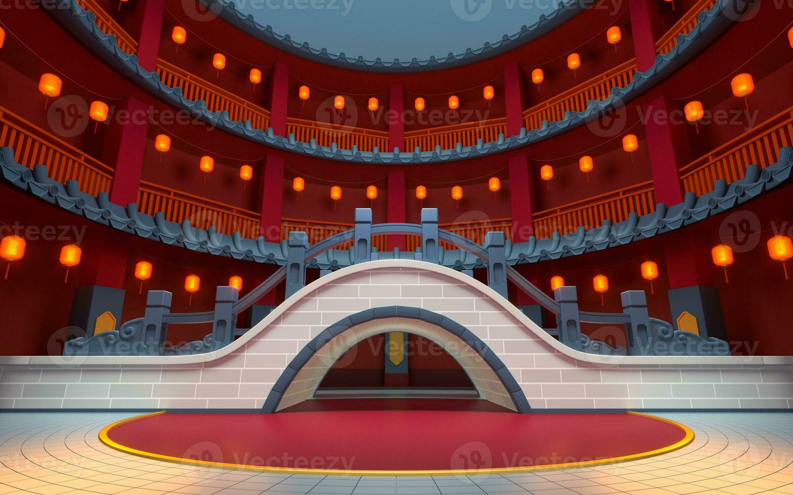 Chinese style bridge with red indoor background, 3d rendering. photo