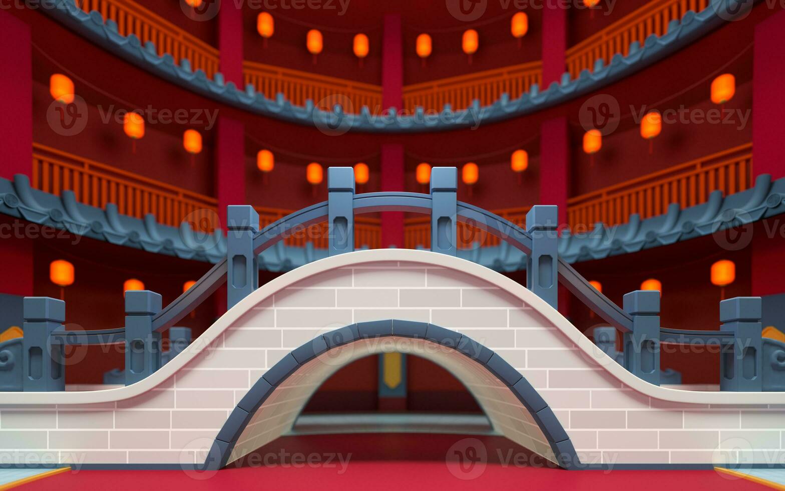 Chinese style bridge with red indoor background, 3d rendering. photo