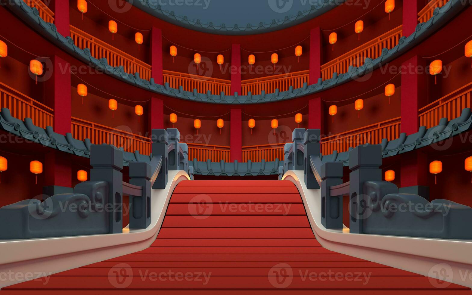 Chinese style bridge with red indoor background, 3d rendering. photo