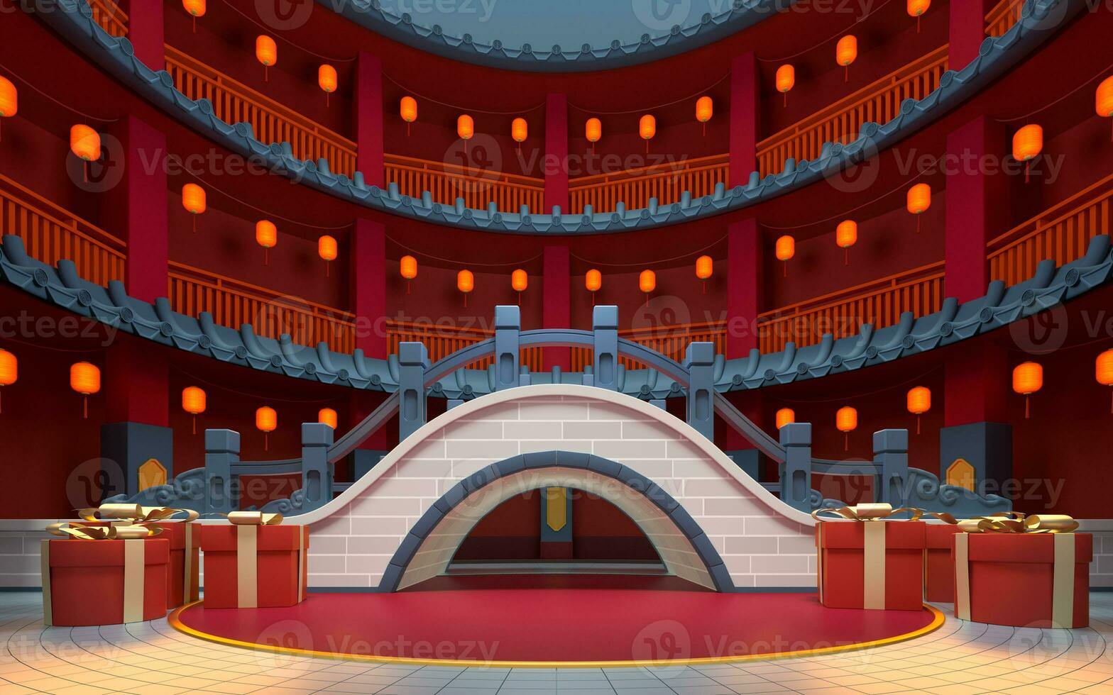 Chinese style bridge with red indoor background, 3d rendering. photo