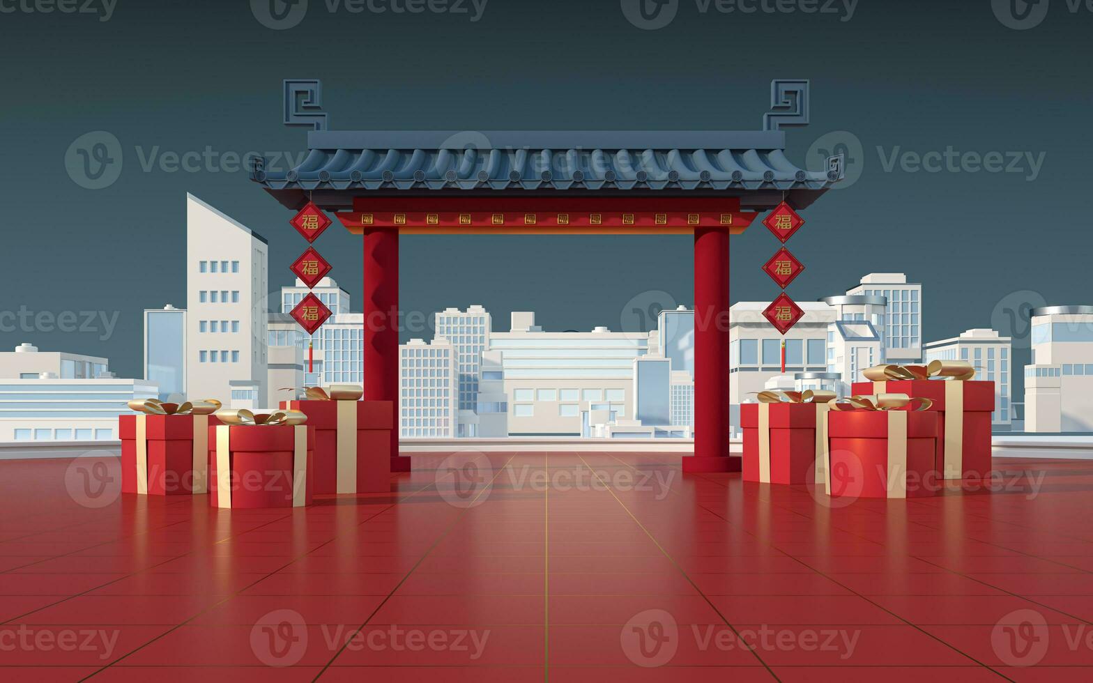 Chinese gate with white model town, translate blessing, 3d rendering. photo