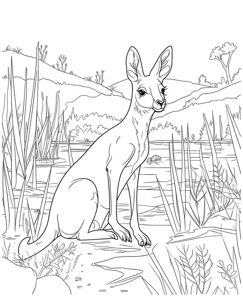 Kangaroo jungle coloring page vector illustration
