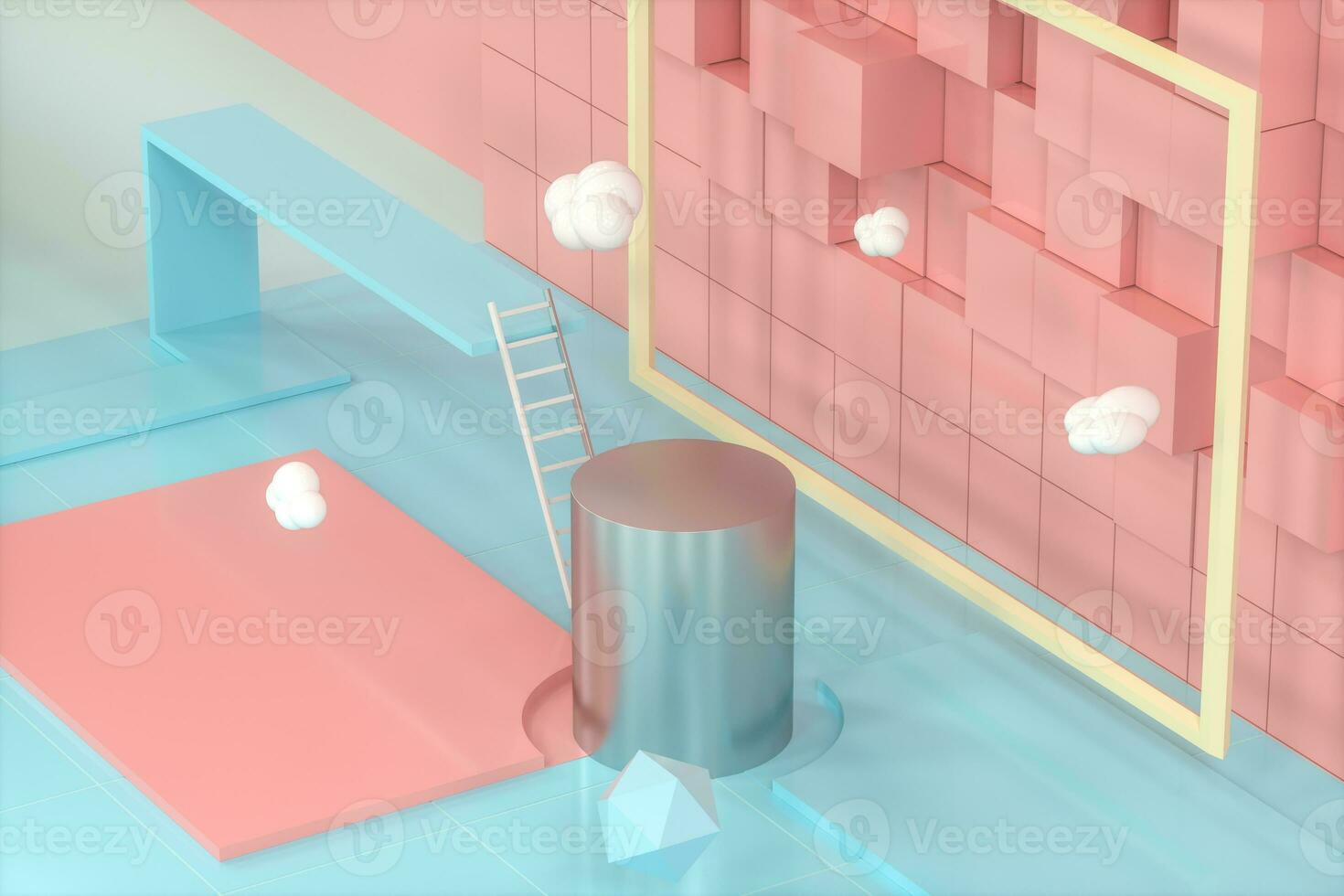 Creative cartoon room with a round podium in the centre, 3d rendering, photo
