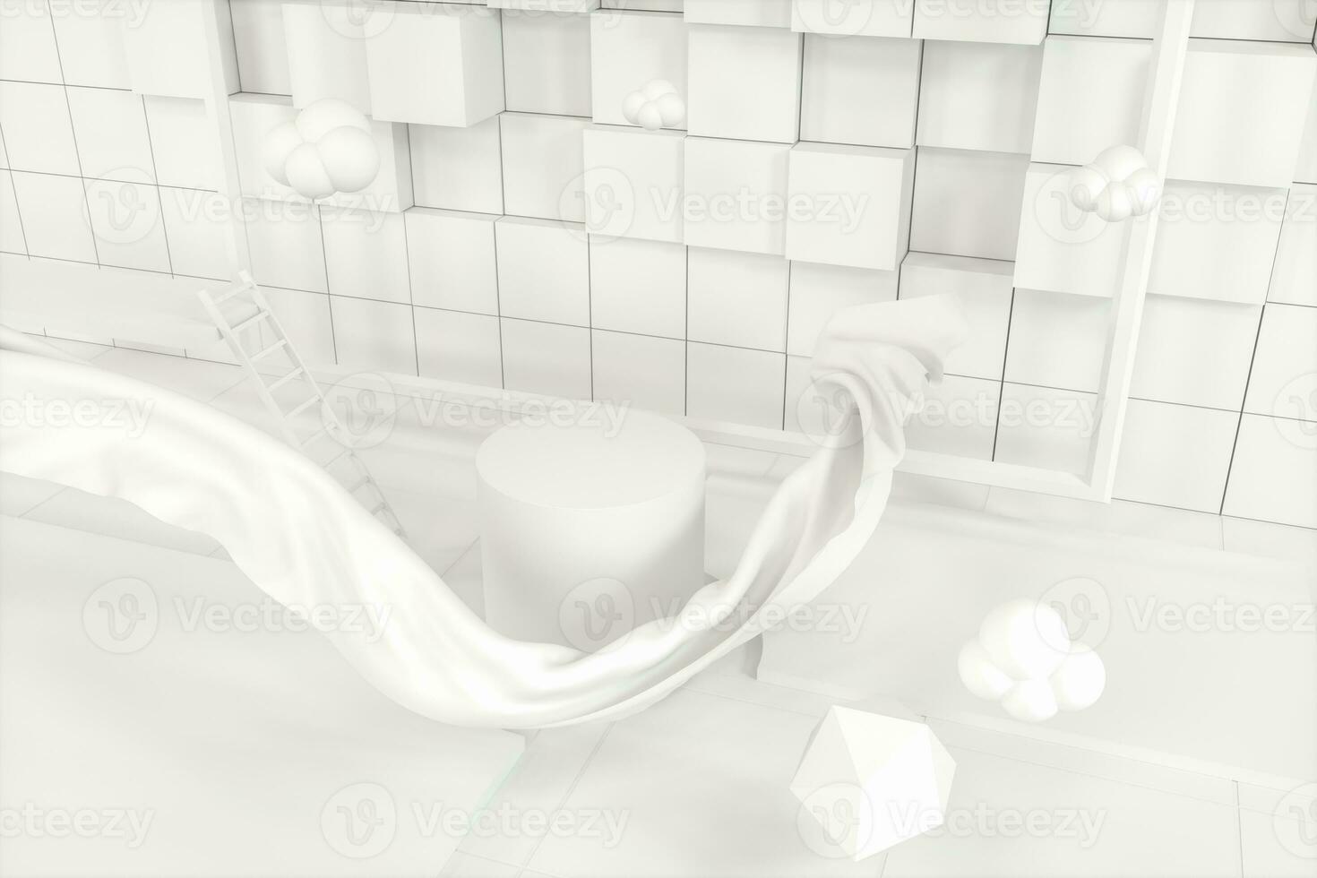 Creative cartoon room with a round podium in the centre, 3d rendering, photo