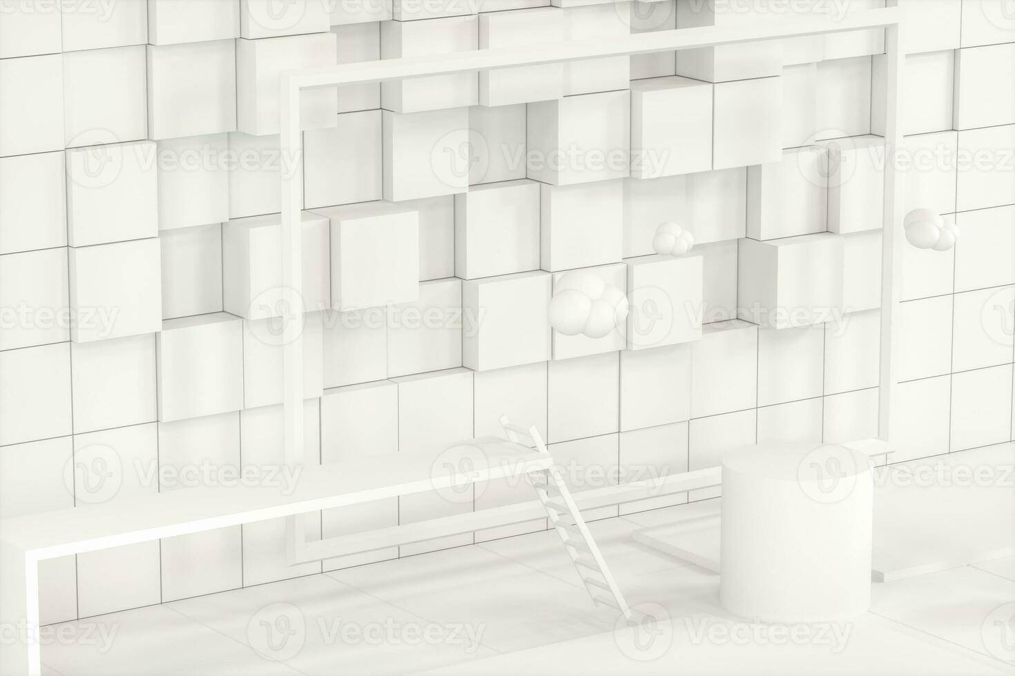 Creative cartoon room with a round podium in the centre, 3d rendering, photo