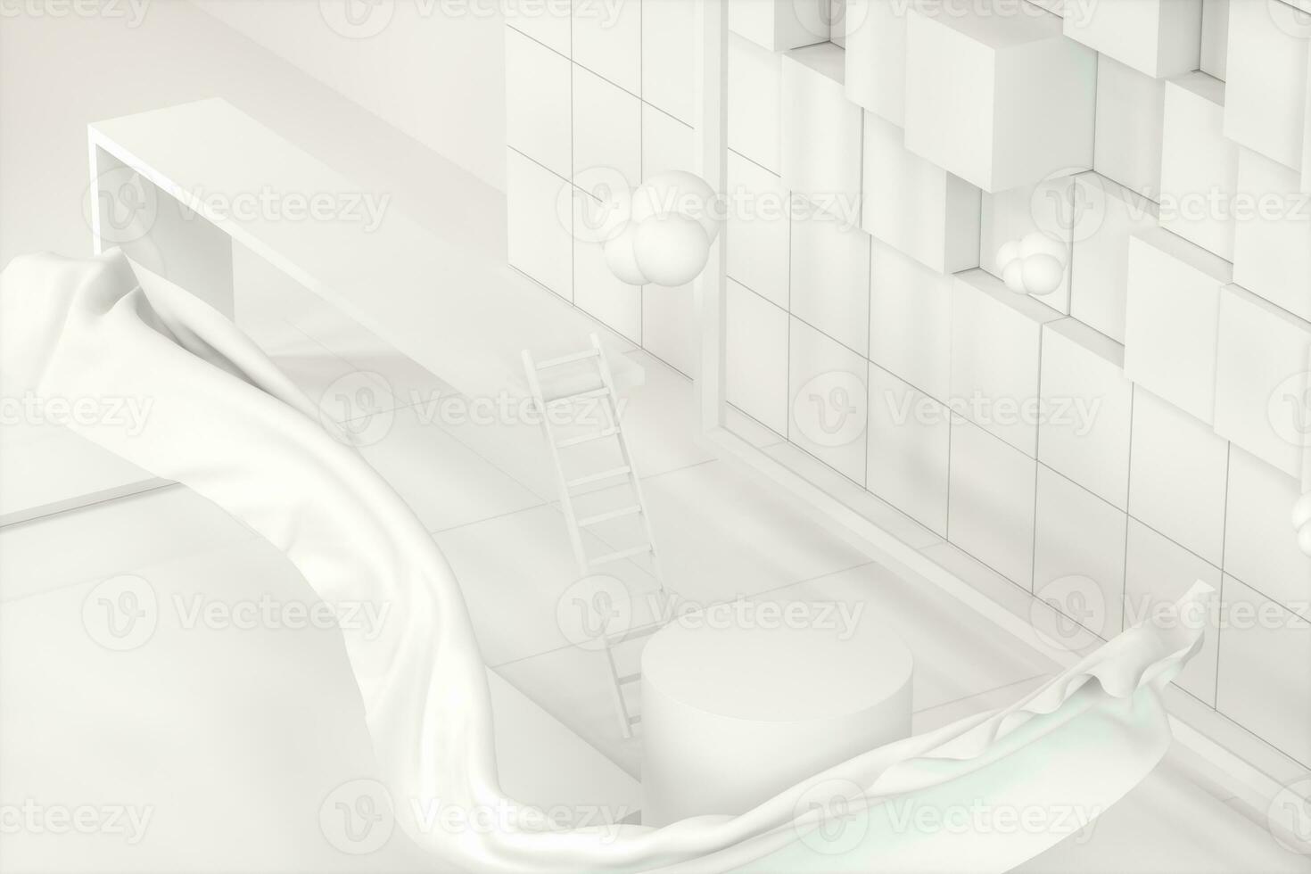 Creative cartoon room with a round podium in the centre, 3d rendering, photo