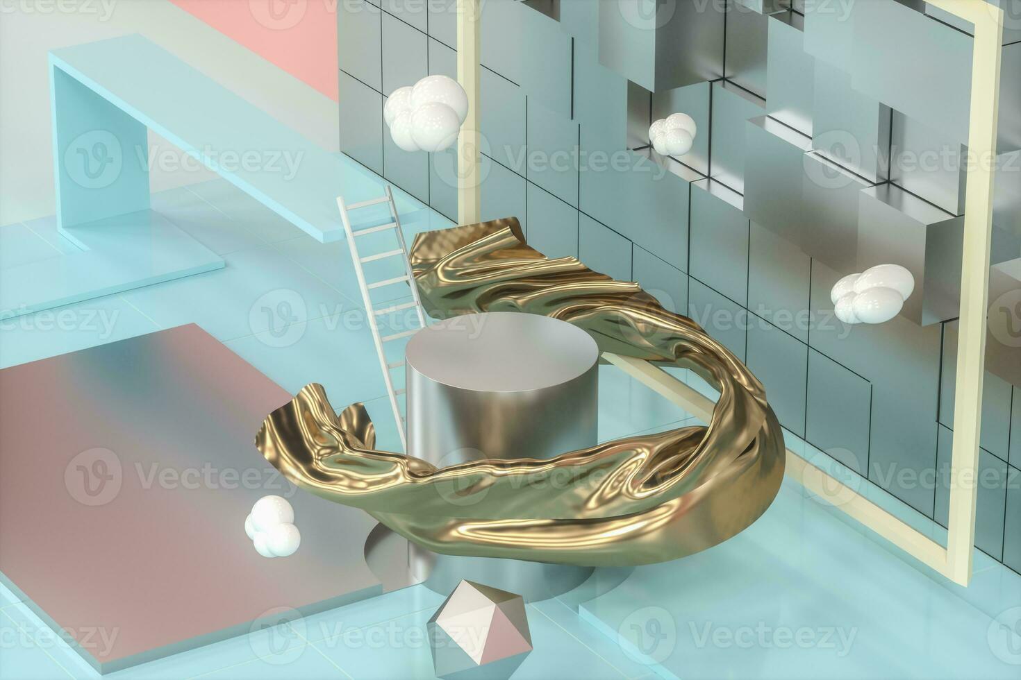 Creative cartoon room with a round podium in the centre, 3d rendering, photo