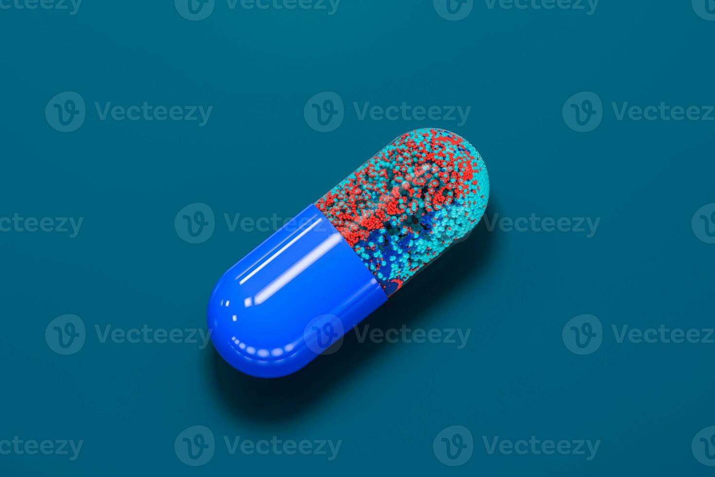 Capsule with particles inside with blue background, 3d rendering. photo