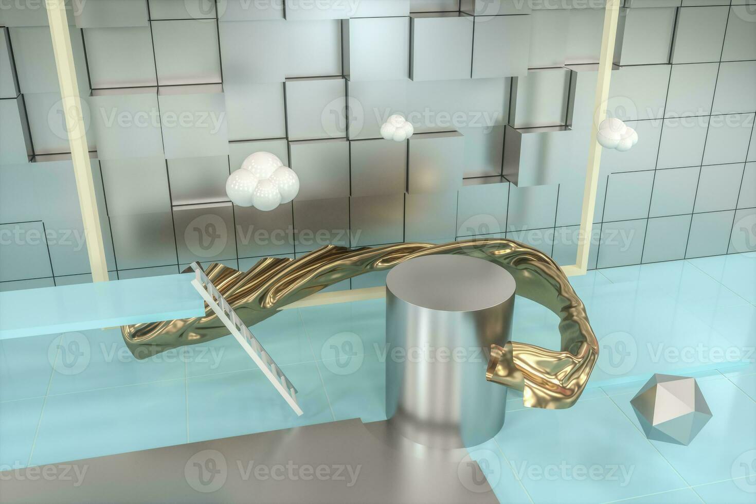 Creative cartoon room with a round podium in the centre, 3d rendering, photo