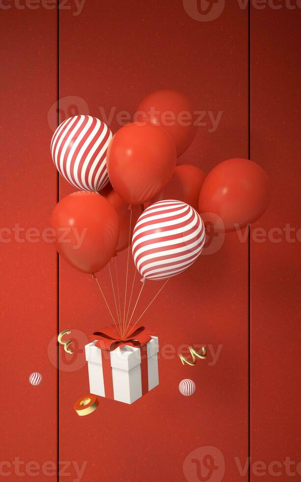 Balloons and gifts with red background, 3d rendering. photo