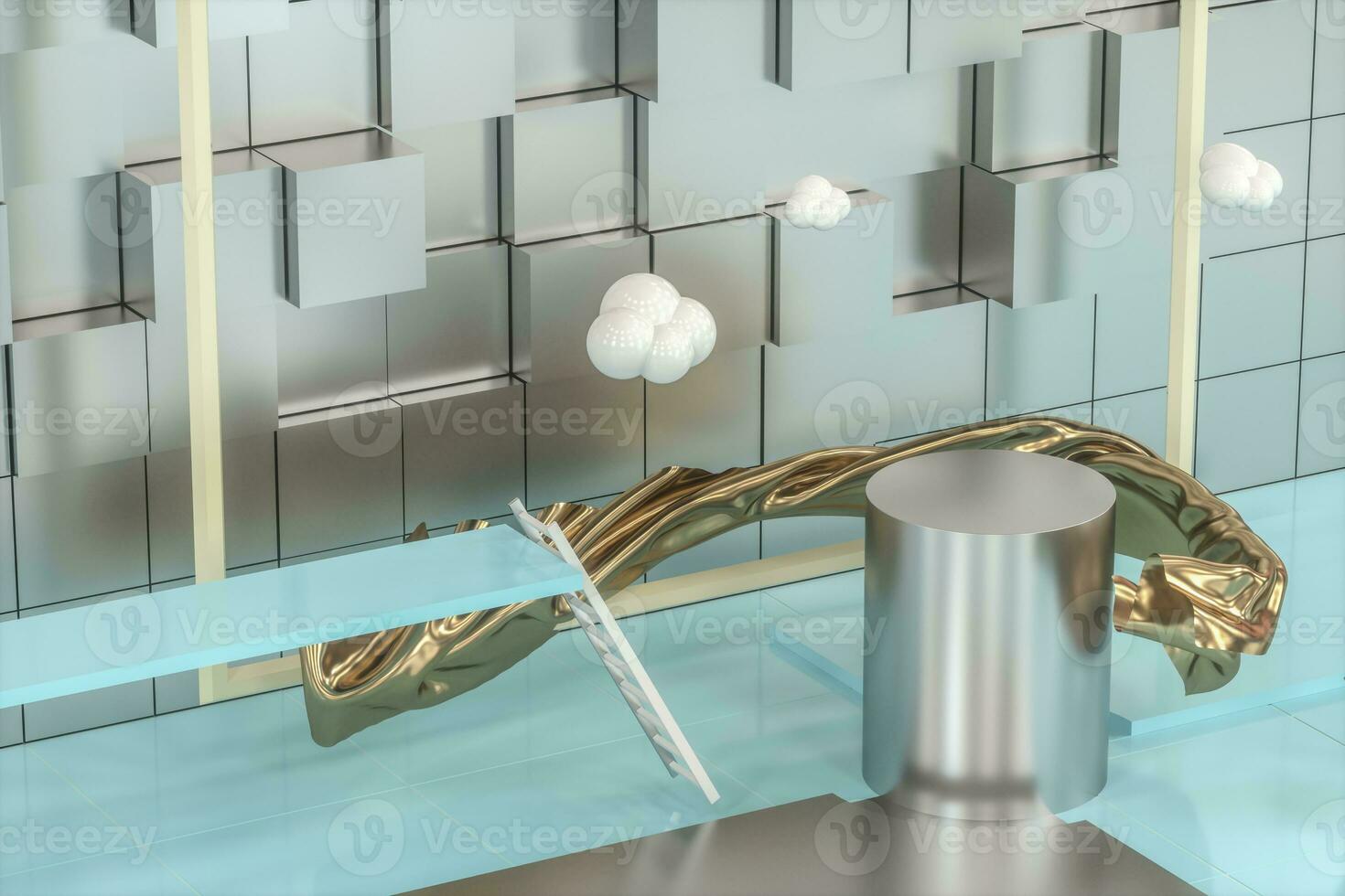 Creative cartoon room with a round podium in the centre, 3d rendering, photo