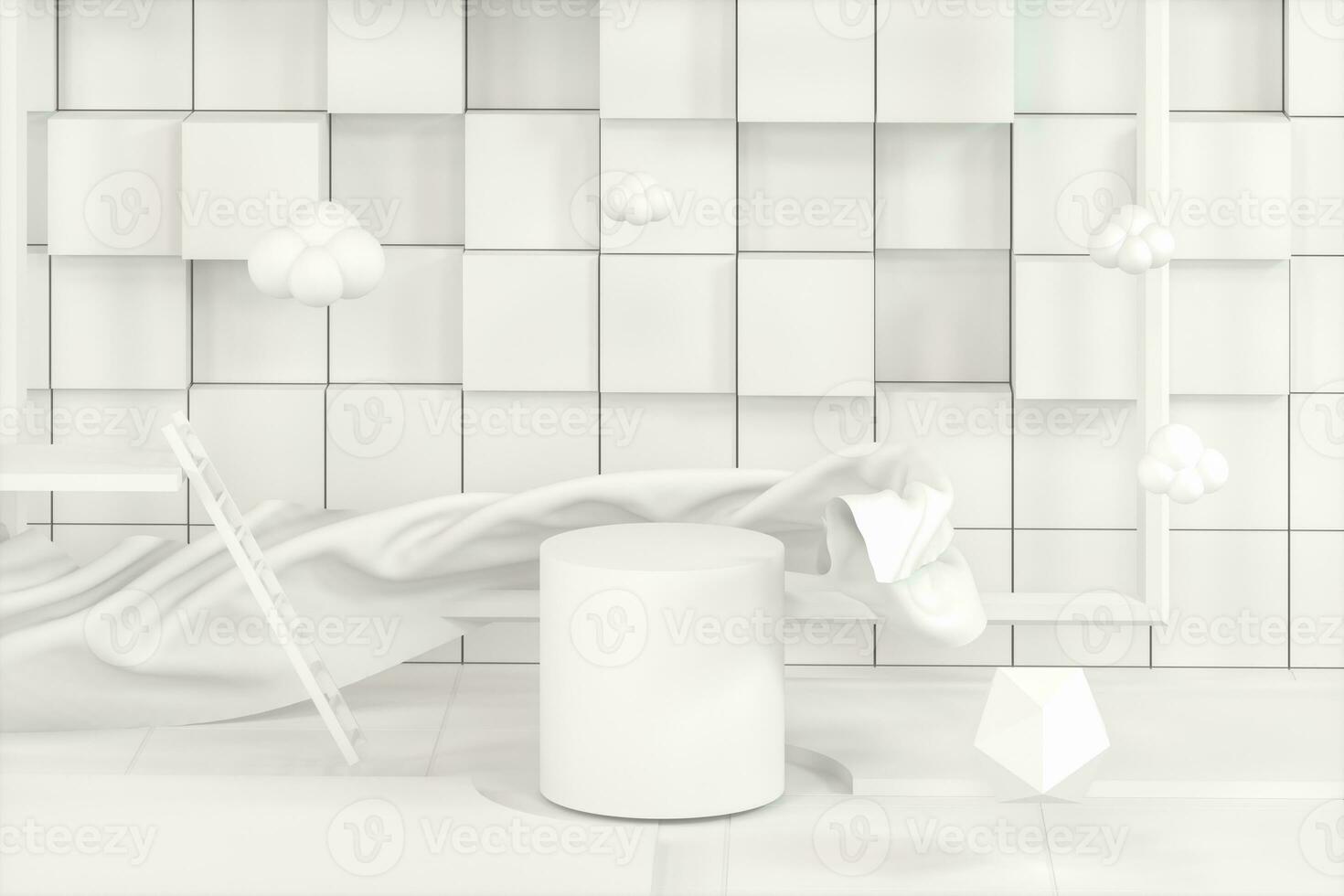 Creative cartoon room with a round podium in the centre, 3d rendering, photo