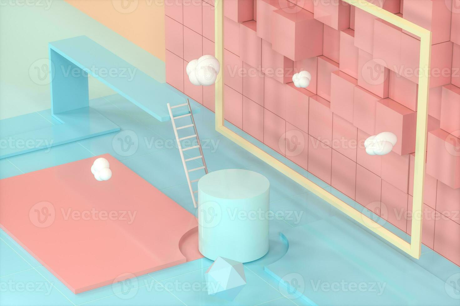 Creative cartoon room with a round podium in the centre, 3d rendering, photo