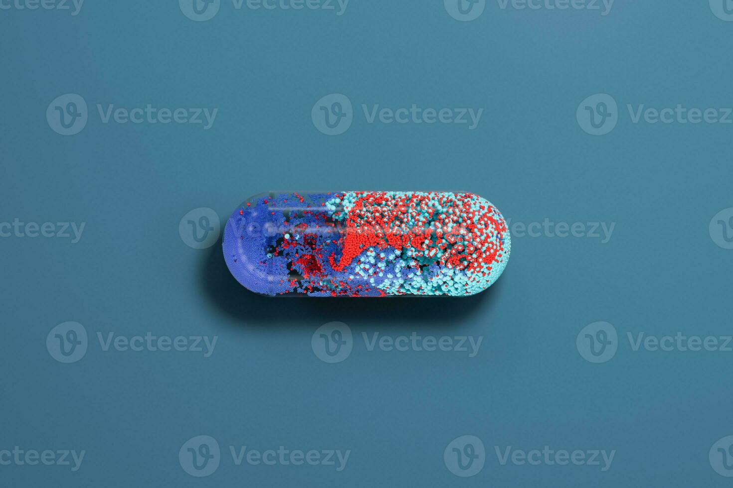 Capsule with particles inside with blue background, 3d rendering. photo