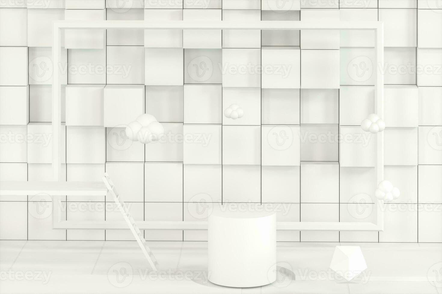 Creative cartoon room with a round podium in the centre, 3d rendering, photo