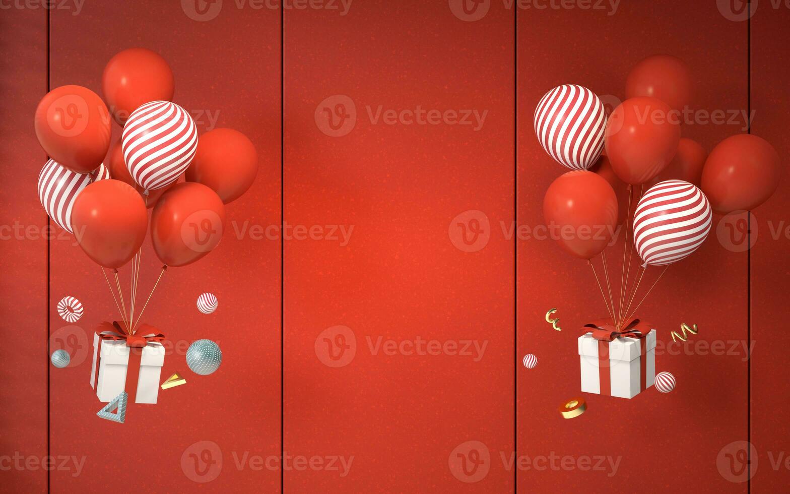 Balloons and gifts with red background, 3d rendering. photo