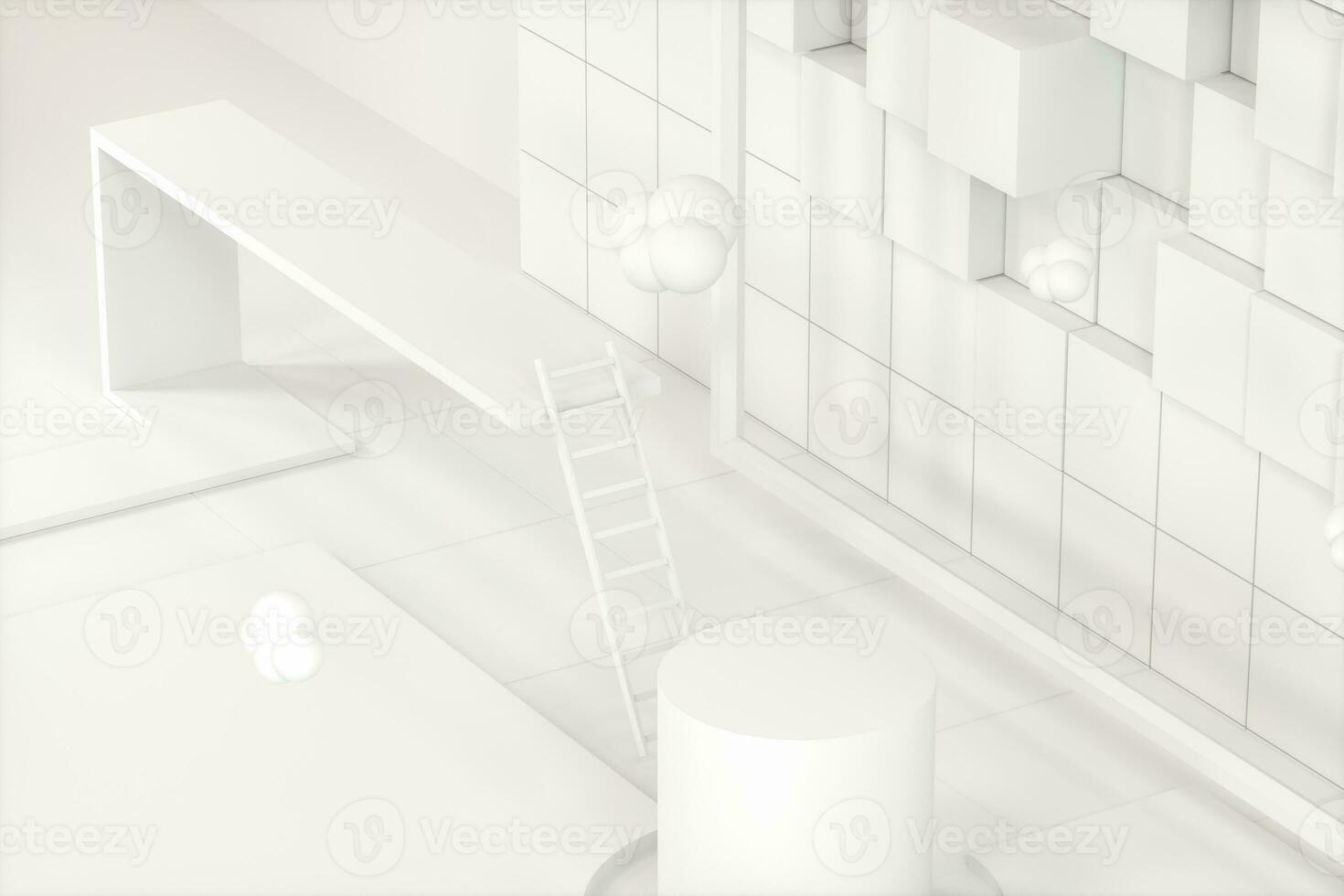 Creative cartoon room with a round podium in the centre, 3d rendering, photo