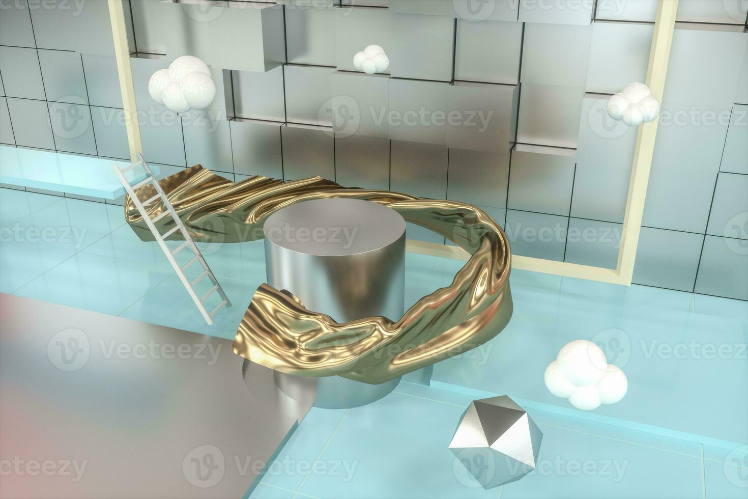 Creative cartoon room with a round podium in the centre, 3d rendering, photo