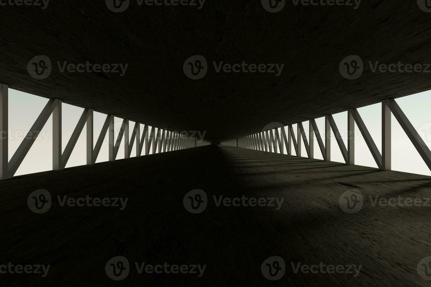 Dark concrete tunnel, symmetry construction, 3d rendering. photo