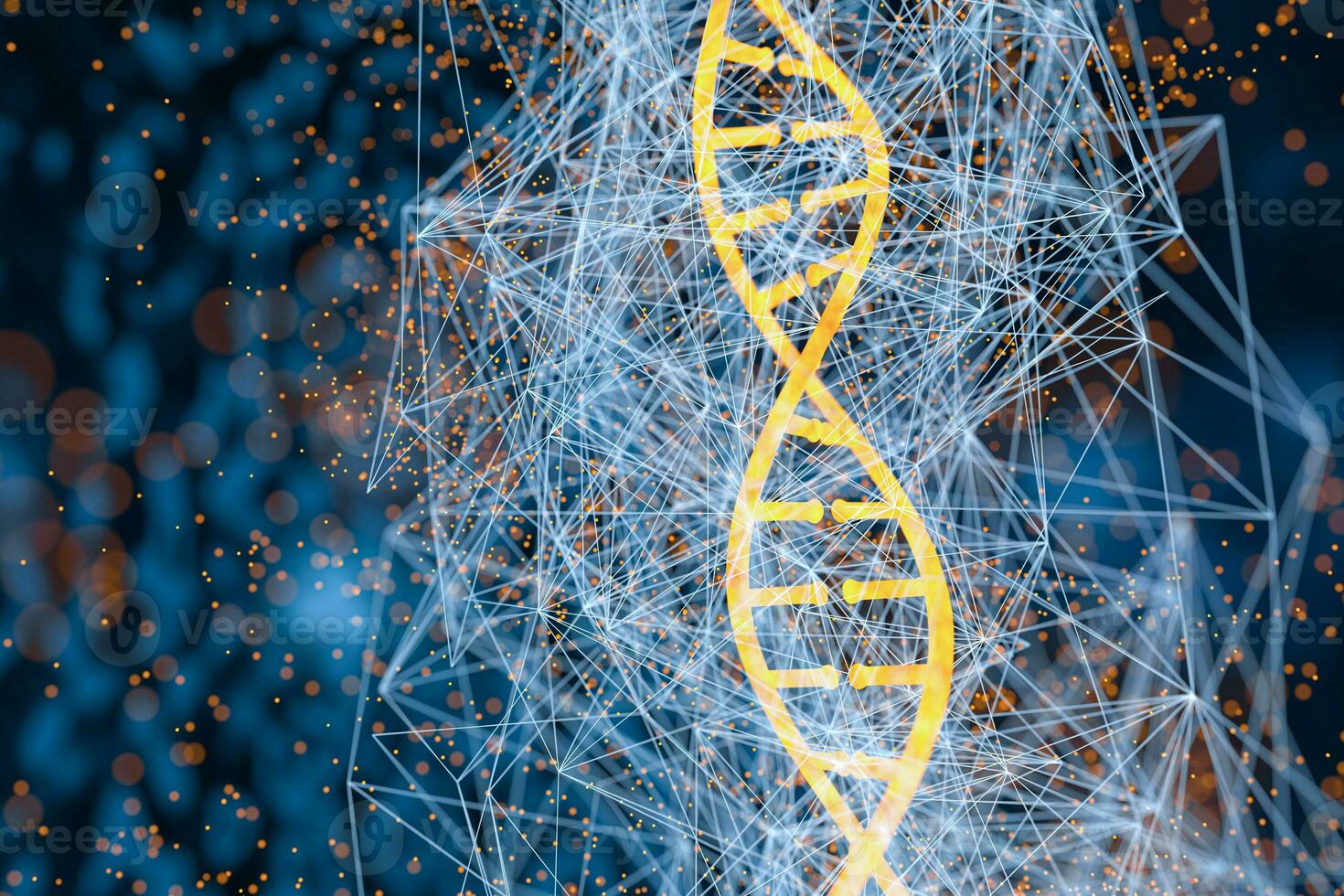 Glowing DNA with blue biotechnology lines background, 3d rendering photo