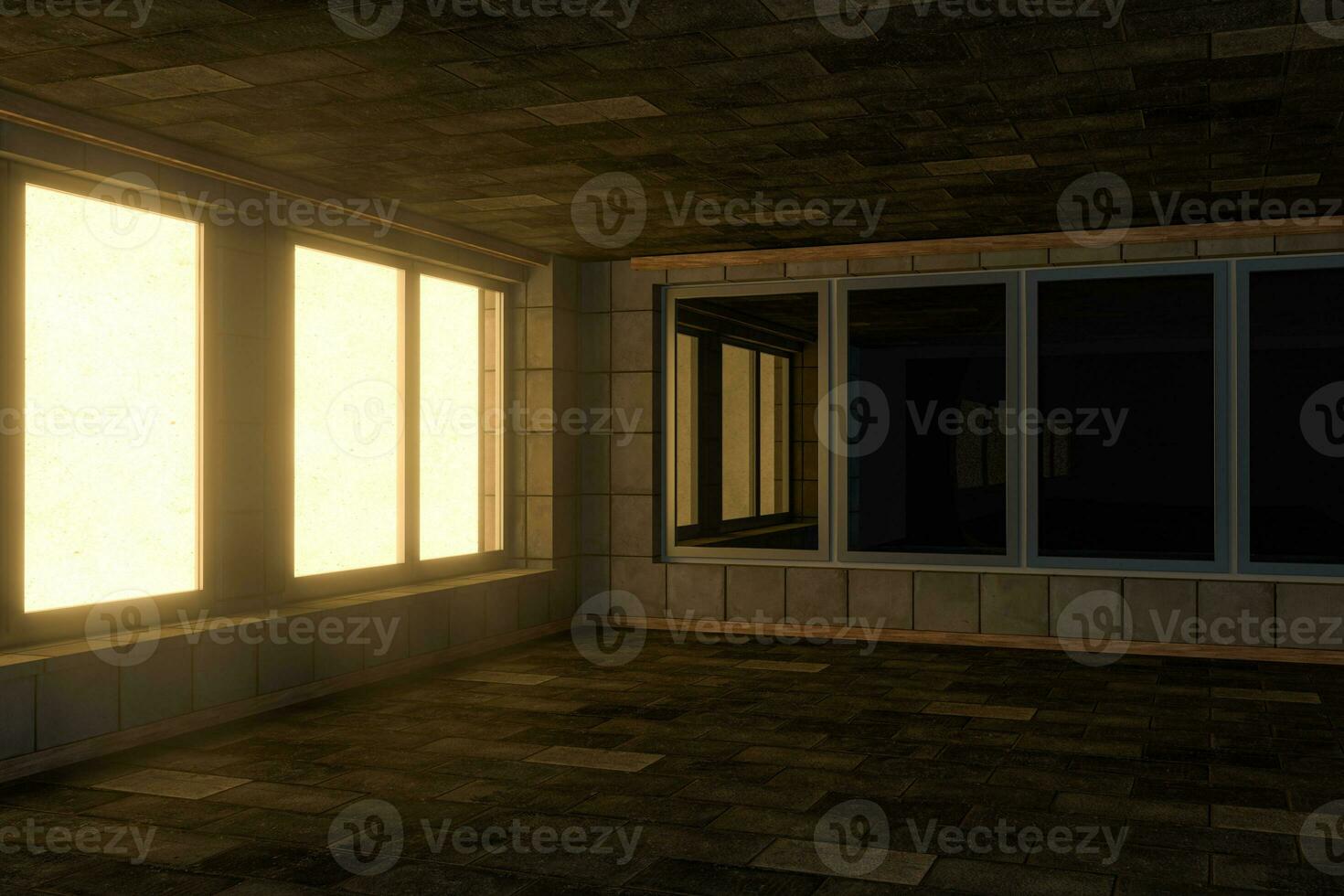 vacío ladrillo casa con oscuro fondo, 3d representación. foto