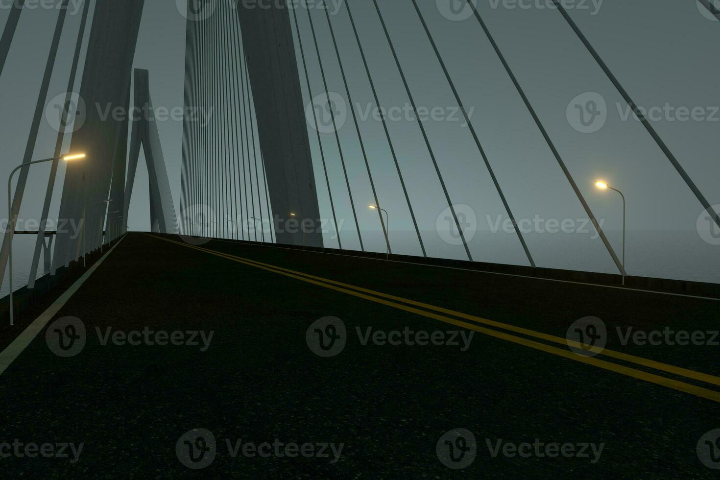 Asphalt road on the suspension bridge at night, 3d rendering. photo