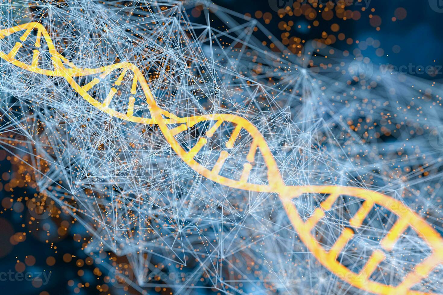 Glowing DNA with blue biotechnology lines background, 3d rendering photo